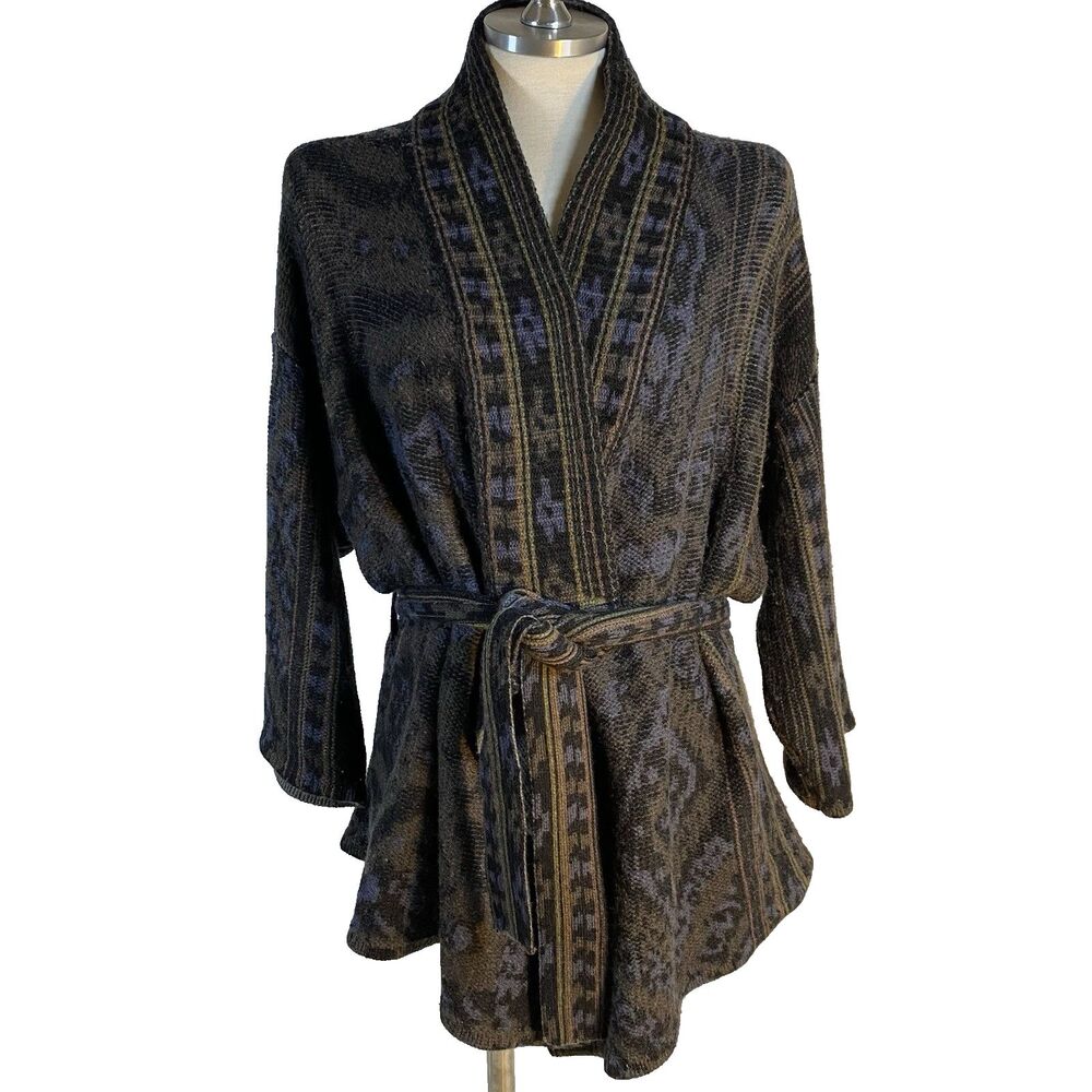 NSF sz M Blue Black Belted Cardigan Cashmere Blend